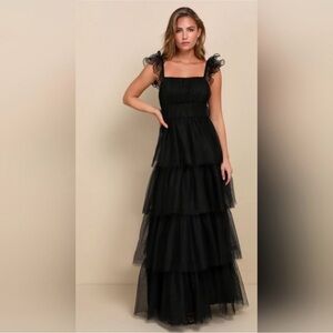 Lulus Tulle For Love NWT size XL Black Mesh Tulle Tiered Ruffled Maxi Dress
